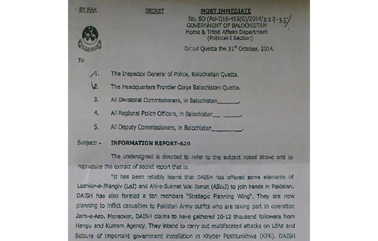 Secret letter sent by the government of Balochistan regarding ISIS activity in Pakistan.