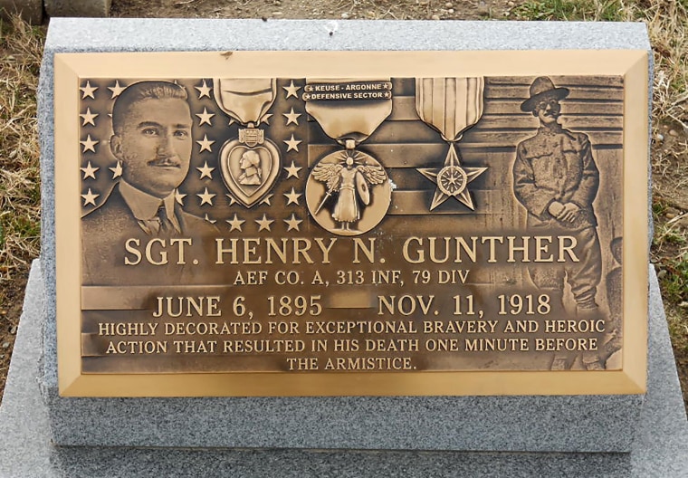 A plaque at the grave of Sgt. Henry N. Gunther in Baltimore's Most Holy Redeemer Cemetery.