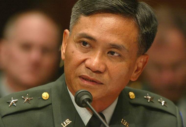 U.S. Army Maj. Gen. Antonio Taguba, author of an Army internal report on abuses at the Abu Ghraib prison near Baghdad, testifies during a hearing before the Senate Armed Services Committee on Capitol Hill May 11, 2004 in Washington, DC