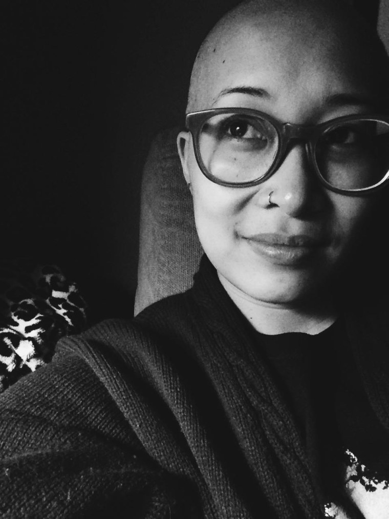 Jackie's selfie of her newly-shaved bald head, for her October 2014 blogpost "Fortune Favors the Bald!"
