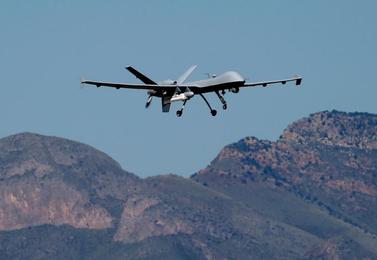 Image: A U.S. Customs and Border Patrol drone lifts off at Ft. Huachuca in Sierra Vista, Arizona