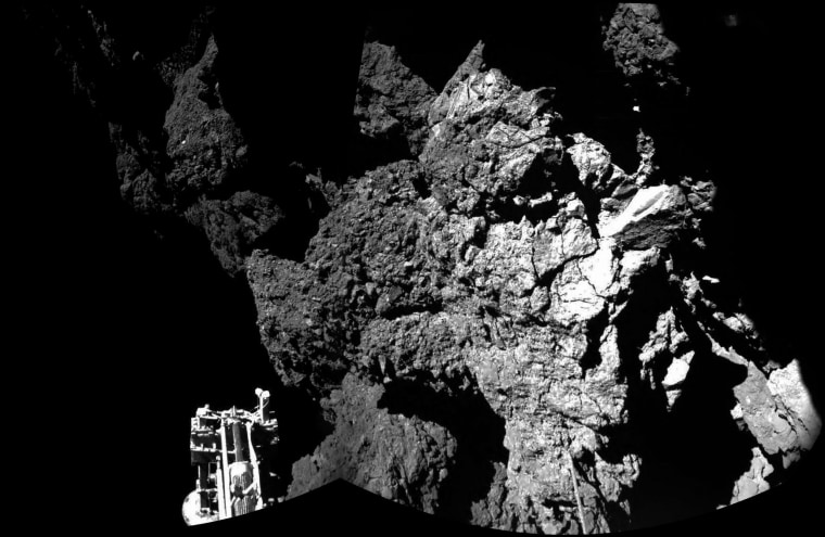 Rosetta’s lander Philae is safely on the surface of Comet 67P/Churyumov-Gerasimenko, as these first two CIVA images confirm. One of the lander’s three feet can be seen in the foreground.