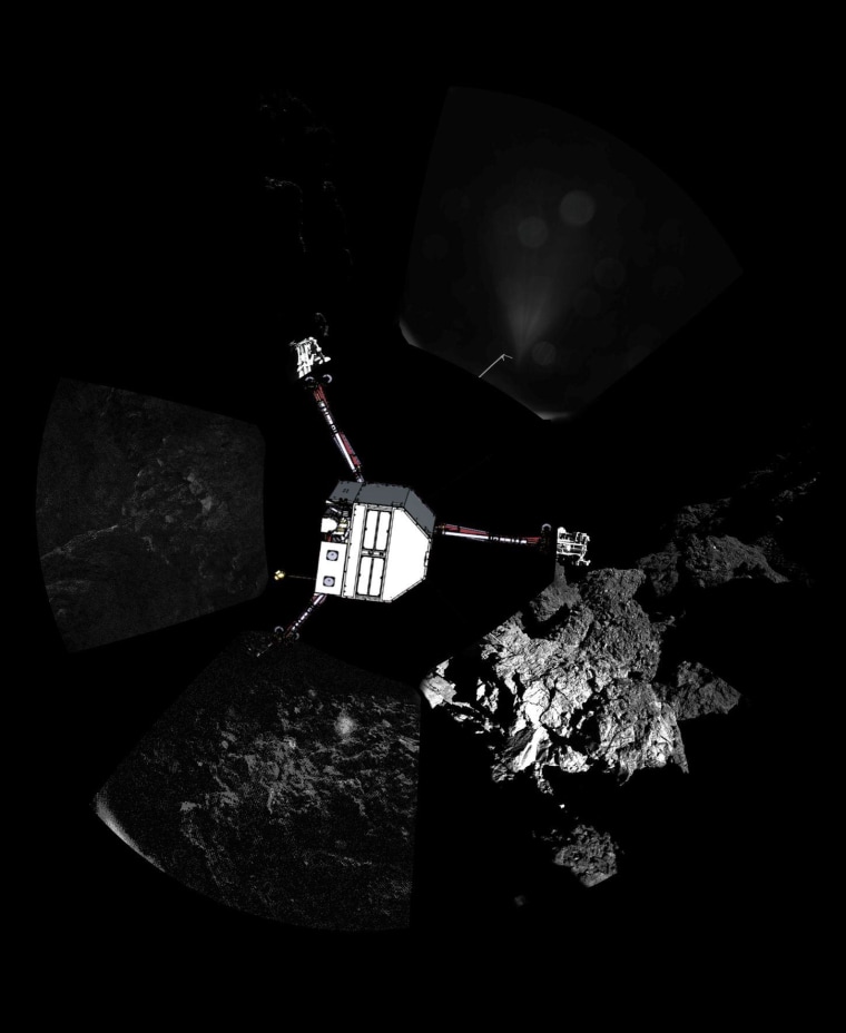Rosetta’s lander Philae has returned the first panoramic image from the surface of a comet. The view, captured by the CIVA-P imaging system, shows a 360º view around the point of final touchdown. Superimposed on top of the image is a sketch of the Philae lander in the configuration the lander team currently believe it is in.