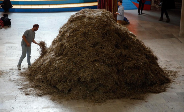 Image: Italian artist Sven Sachsalber starts to search a needle hidden in a haystack during an art performance based on the expression \"looking for a needle in a haystack\" at the Palais de Tokyo museum in Paris