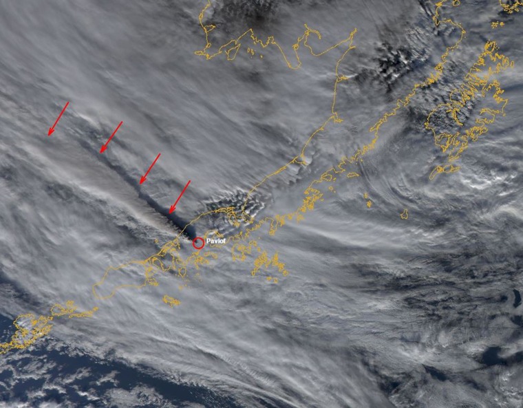 MODIS satellite image showing the volcanic ash cloud from the eruption of Pavlof Volcano. The cloud extends for more 250 miles from the volcano at an estimate height of at least 35,000 ft above sea level.