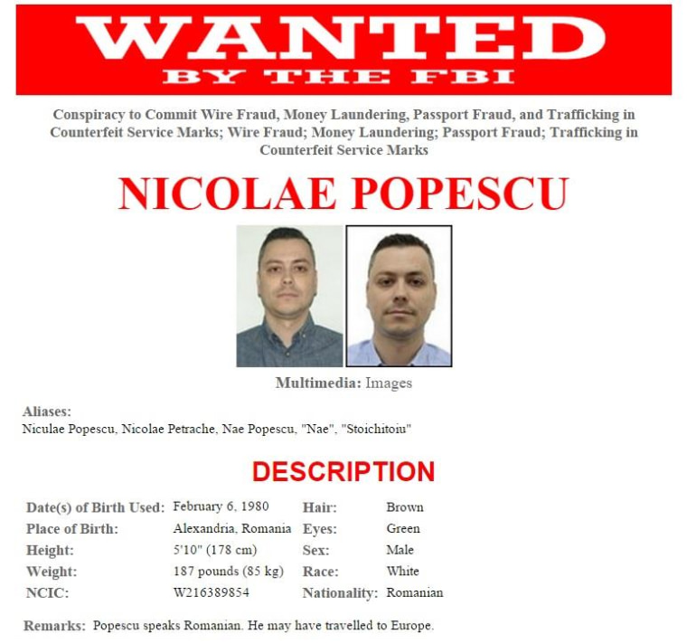 IMAGE: FBI wanted poster for Nicolae Popescu