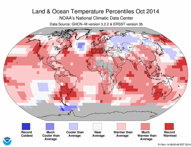 Image: Map showing land and ocean temperature percentiles for October 2014