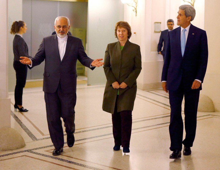 Image: U.S. Secretary of State Kerry, Iranian Foreign Minister Zarif and EU envoy Ashton arrive for a meeting in Vienna