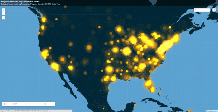 A heat map of the U.S. shows geotagged Twitter mentions of "Ferguson" or "#Ferguson" increase during the evening of Nov. 24, 2014.