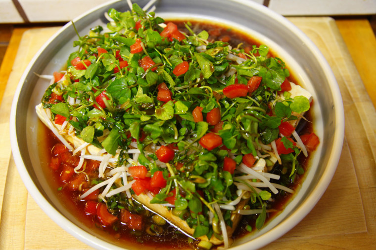 Grandma Bette's Watercress Tofu Salad, prepared in the same dish year after year.
