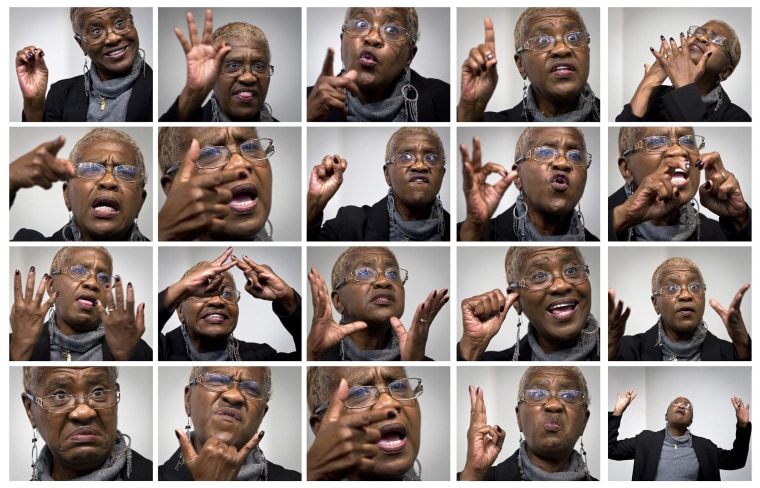 Image: Combination photo shows sign language interpreter Christine Dudley