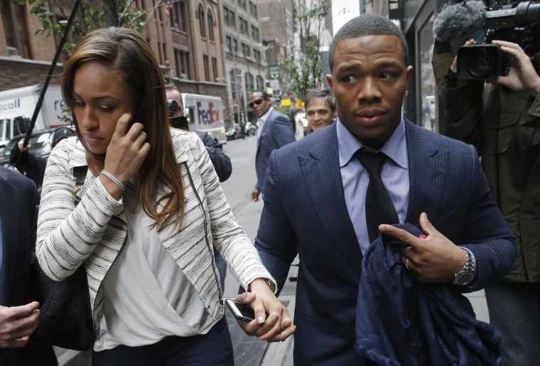 Image: File of former Baltimore Ravens NFL running back Ray Rice and his wife Janay arriving for a hearing at a New York City office building