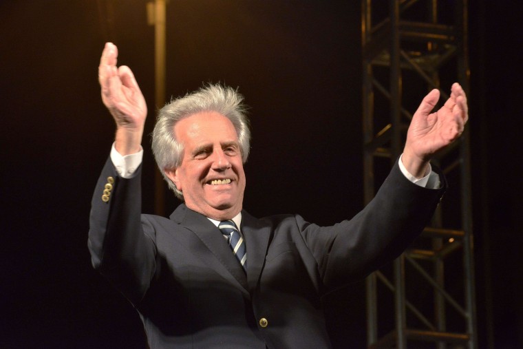 Image: Elected President Tabare Vazquez gestures during a celebration rally in Montevideo after knowing the results of a runoff election