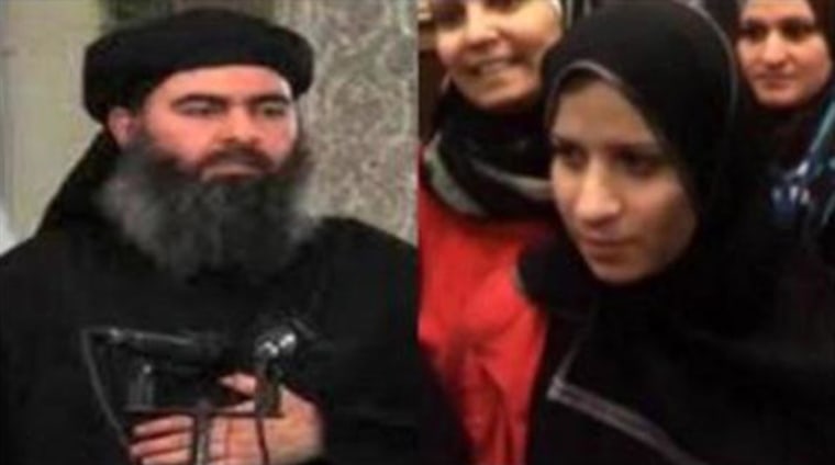 Image: ISIS leader Abu Bakr al-Baghdadi, left, and a woman believed to be his wife, Sujidah al-Dulaimi, right.