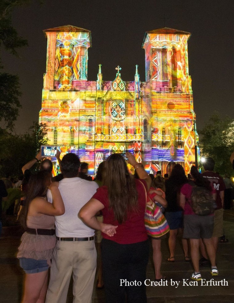 “San Antonio|The Saga,” a captivating video art installation on the façade of the San Fernando Cathedral.