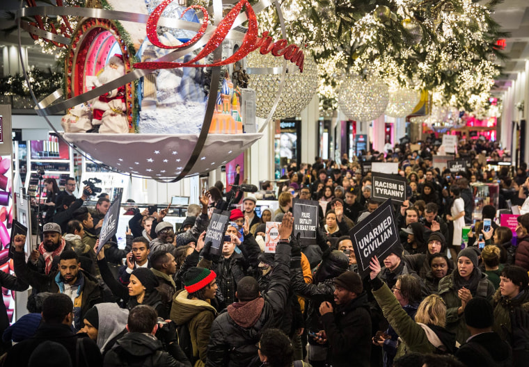 Demonstrators storm the Macy's on 34th Street protesting the Staten Island, New York grand jury's decision not to indict a police officer involved in the chokehold death of Eric Garner in July on Dec. 5, in New York City.  The grand jury declined to indict New York City Police Officer Daniel Pantaleo in Garner's death. 