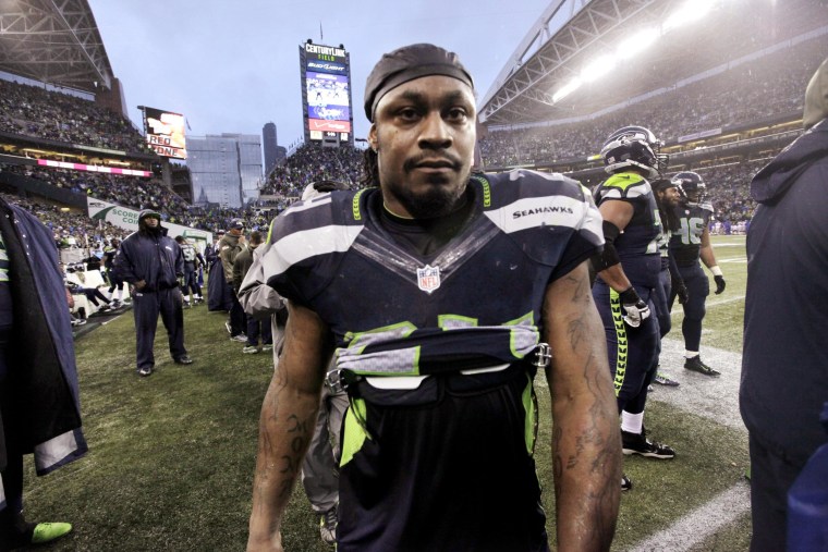 Seattle Seahawks' Marshawn Lynch heads to the locker room late in the second half of an NFL football game against the New York Giants, Sunday, Nov. 9, 2014, in Seattle.