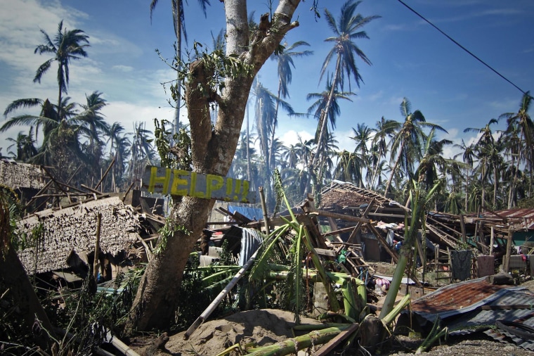 Image: Destroyed houses and trees with a slogan calling for help are seen along a road in the village of Mantang
