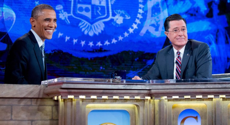 Image: President Obama Tapes An Interview For The Colbert Report with Stephen Colbert