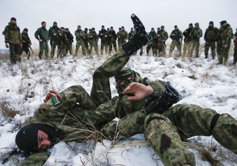 Image: Pro-Russian separatists from the Chechen "Death" battalion take part in a training exercise in the territory controlled by the self-proclaimed Donetsk People's Republic