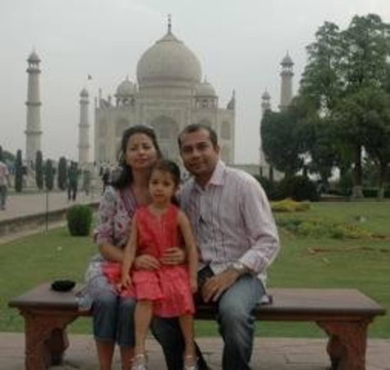 Sayu Bhojwani with her husband, Anshu, and their daughter, Yadna in India, June 2010.