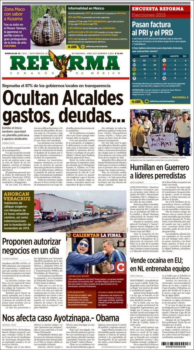 Cover of Mexico's "Reforma" newspaper, December 10, 2014