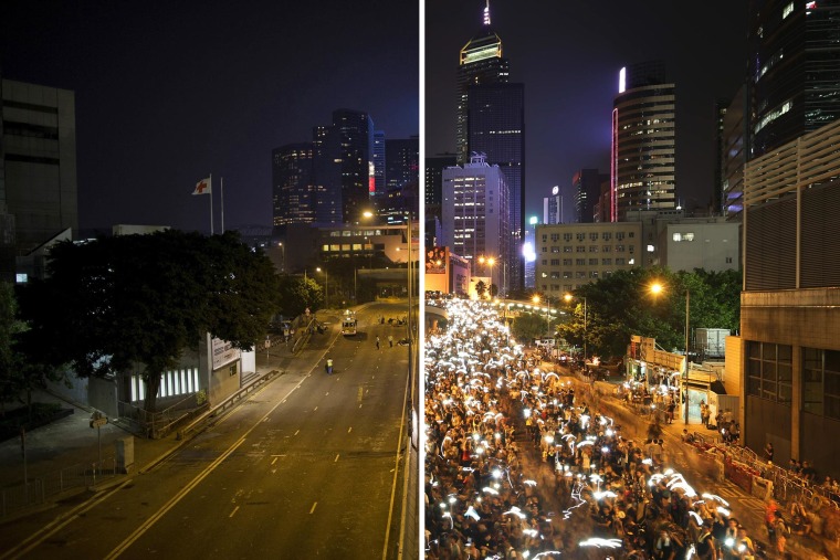 The area previously blocked by pro-democracy protesters after it was cleared on Dec. 11, left, and during the protests on Sept. 29. 