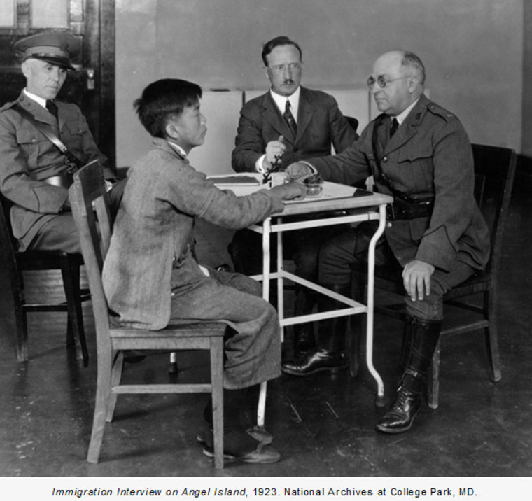 When the exclusion law was in effect, Chinese immigrants were often subjected to detention and questioning at San Francisco’s Angel Island. Interview, 1923