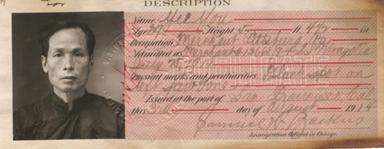The U.S. issued identity cards to distinguish legal immigrants who entered before the exclusion law. Certificate of identity, 1914.