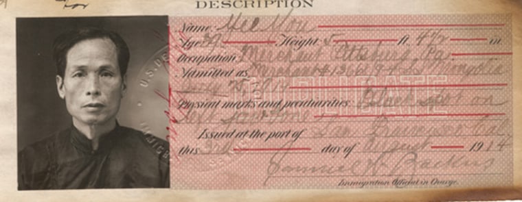 The U.S. issued identity cards to distinguish legal immigrants who entered before the exclusion law. Certificate of identity, 1914. 