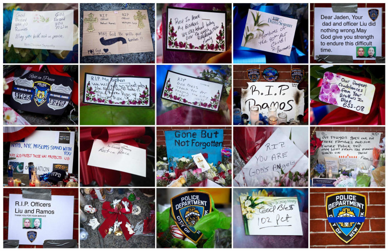 Image: This combination image shows signs of support left at a makeshift memorial at the site where two police officers were shot in the head in the Brooklyn borough of New York