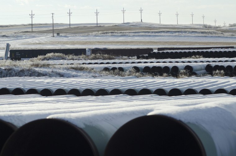 Image: A depot used to store pipes for Transcanada Corp's planned Keystone XL oil pipeline is seen in Gascoyne North Dakota