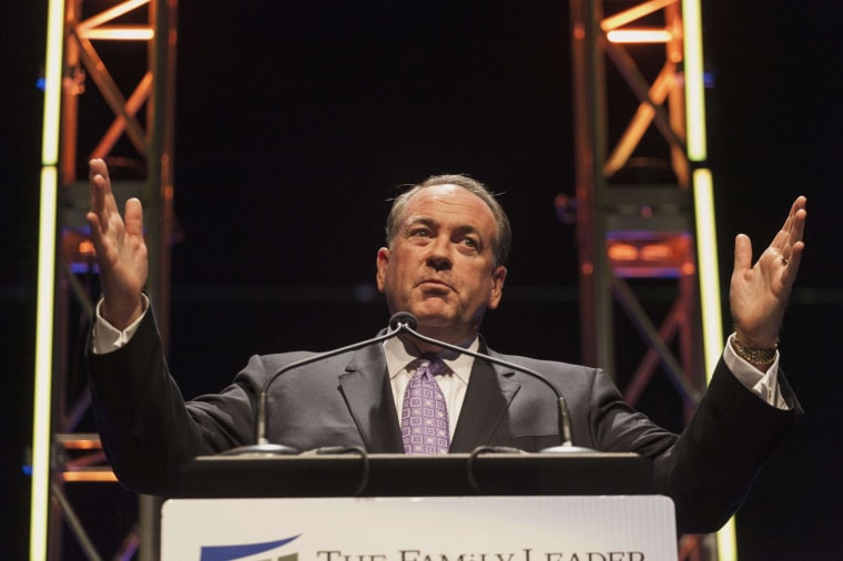 Image: File photo of former Arkansas Governor Huckabee speaking at the Family Leadership Summit in Ames
