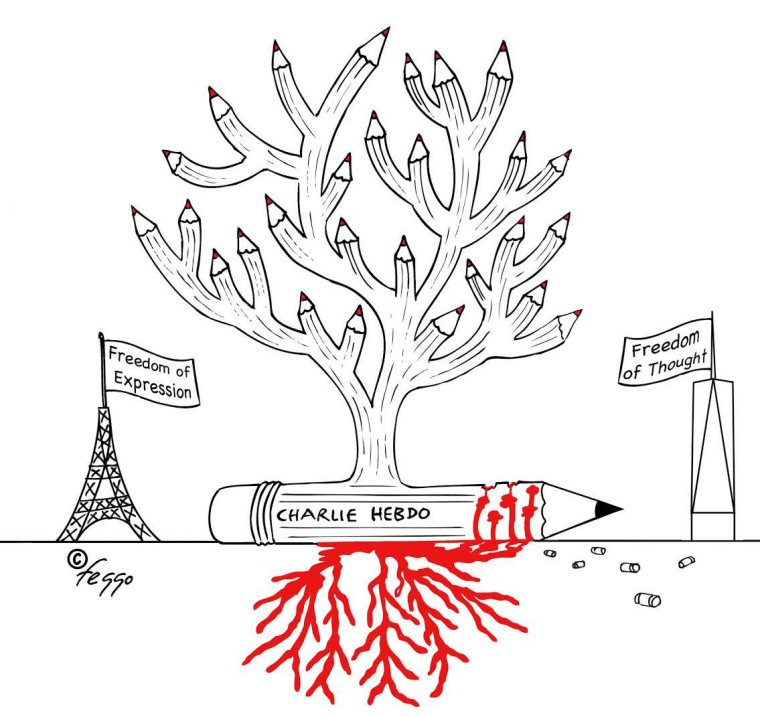 Image: A drawing by Felipe Galindo called “Homage to Charlie Hebdo.”
