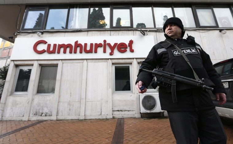 Image: Security guard outside Turkish daily newspaper Cumhuriyet