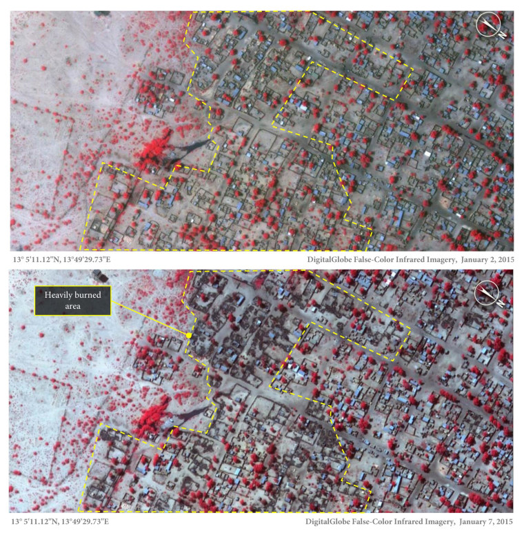 Baga, North Eastern Nigeria Satellite view on 2 Jan 2015 and 7 Jan 2015