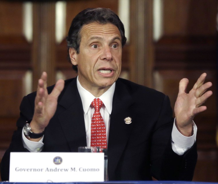 This June 11, 2013 photo, New York Gov. Andrew Cuomo speaks during a news conference in the Red Room at the Capitol in Albany, N.Y.Groll, File)
