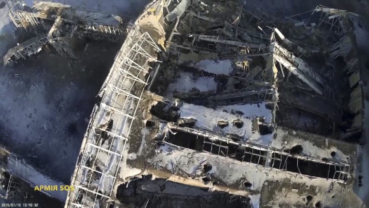 Image: Still image taken from handout aerial footage shot by a drone, shows the terminal building of the Sergey Prokofiev International Airport damaged by shelling during fighting between pro-Russian separatists and Ukrainian government forces, in Donetsk