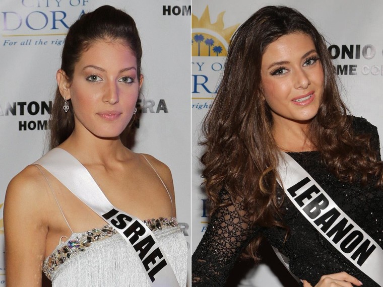 Image:  Miss Israel Doron Matalon , left and   Miss Lebanon Saly Greige , right, arrive seperately at Solare Garden in preparation for the 63rd Annual Miss Universe Pageant on January 10, 2015 in Doral, Florida.