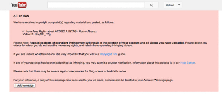 The YouTube takedown notice for Pocho Alvarez's video citing Ares Rights as the complainant. (Courtesy of Fundamedios)