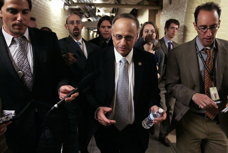 WASHINGTON, DC - APRIL 08:  U.S. Rep. Steve King (R-IA) (C) leaves after a closed Republican Conference Meeting on the budget negotiations April 8, 2011 on Capitol Hill in Washington, DC. The Obama Administration and congressional leaders have reached a deal that averts a government shutdown at midnight tonight.  (Photo by Alex Wong/Getty Images)