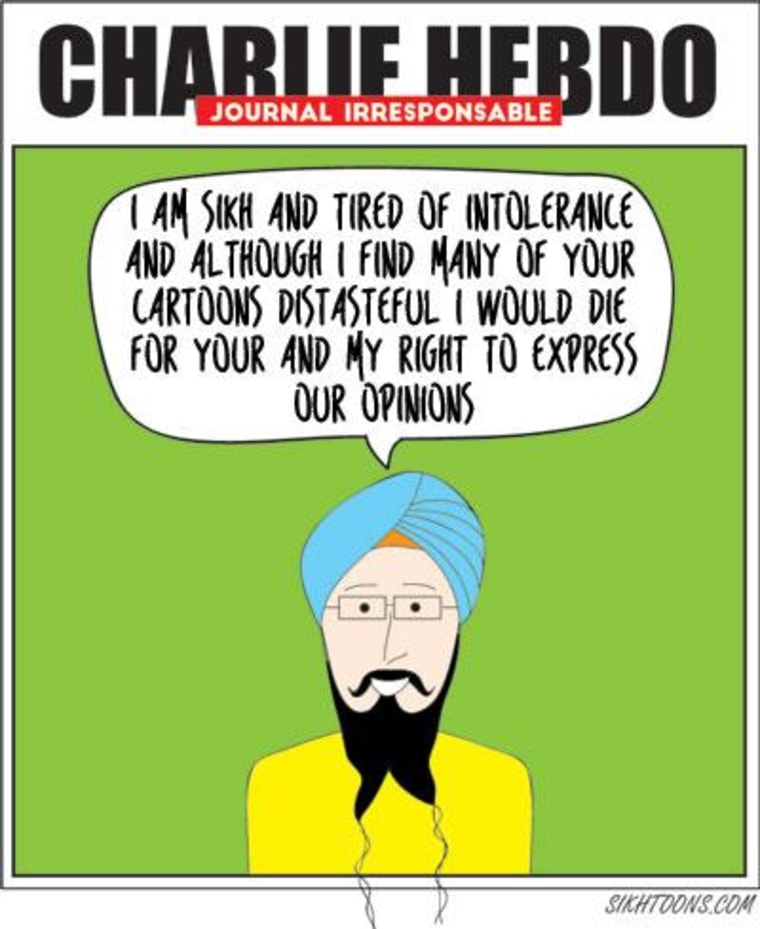 One of several cartoons by Vishavjit Singh, in his "Sikh response to Charlie Hebdo tragedy."