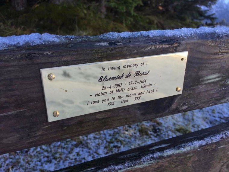 Image: A bench memorializing MH17 victim Elsemiek de Bors