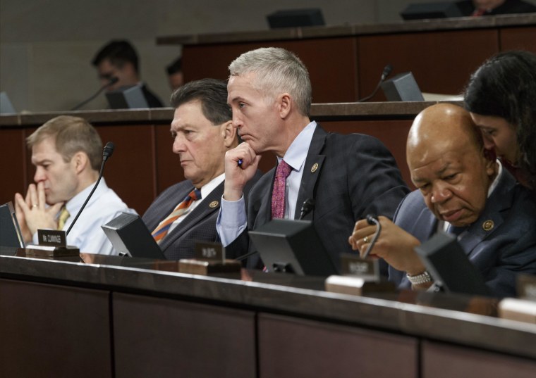 Members of the House Select Committee on Benghazi, from left, Rep. Jim Jordan, R-Ohio, Rep. Lynn Westmoreland, R-Ga., Committee Chairman Rep. Trey Gowdy, R-S.C., and Rep. Elijah Cummings, D-Md., the ranking member, listen to witnesses from the CIA and State Department on Capitol Hill in Washington, Tuesday, Jan. 27, 2015, as the panel held its third public hearing to investigate the 2012 attacks on the U.S. consulate in Benghazi, Libya, where a violent mob killed four Americans, including Ambassador Christopher Stevens.  (AP Photo/J. Scott Applewhite)