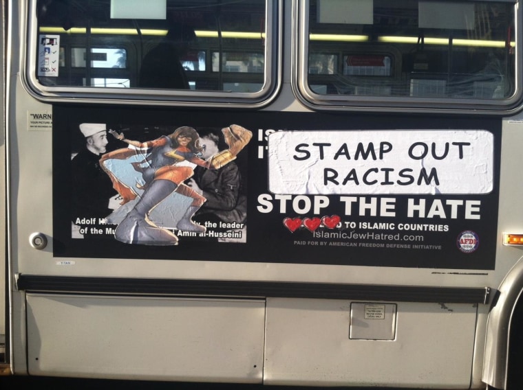 One of the bus ads "made over" by San Francisco street artists, featuring Muslim comic heroine Ms. Marvel.