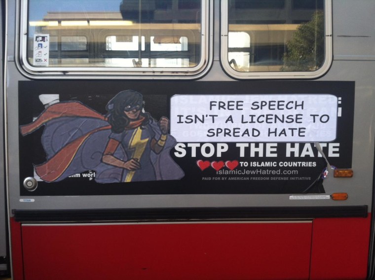 One of the bus ads "made over" by San Francisco street artists, featuring Muslim comic heroine Ms. Marvel.