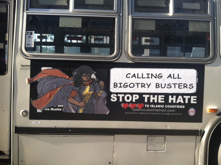 One of the bus ads \"made over\" by San Francisco street artists, featuring Muslim comic heroine Ms. Marvel.