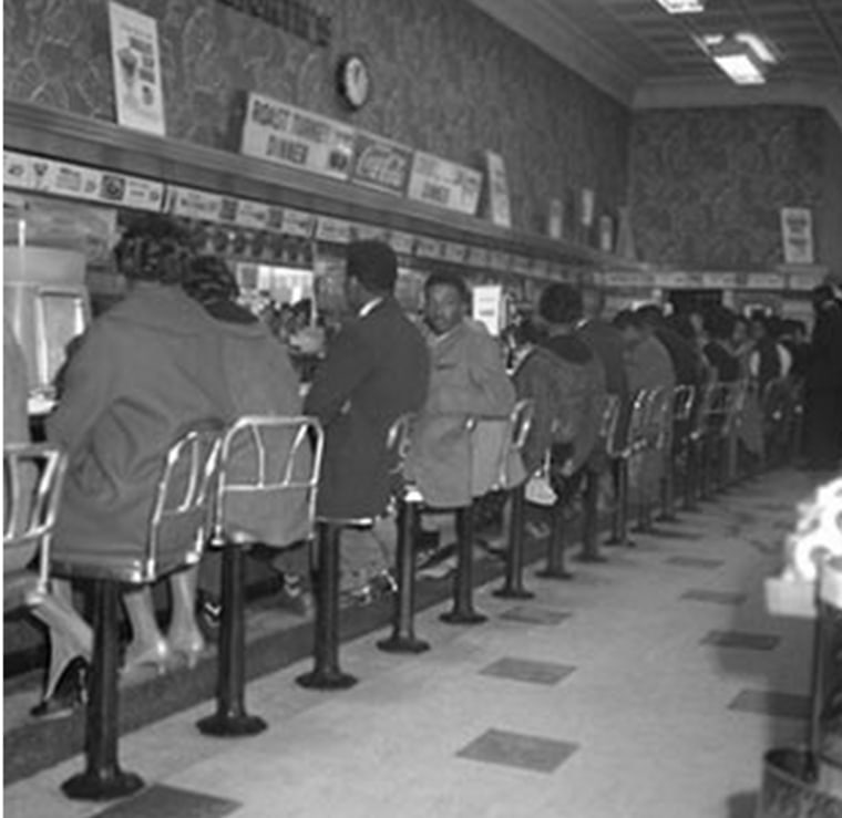 A number of Friendship students take their seats at a lunch counter in Rock Hill.