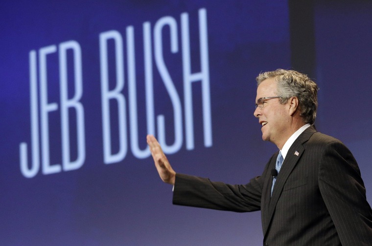 Former Florida Gov. Jeb Bush waves while being introduced before speaking at the National Automobile Dealers Association convention in San Francisco, Friday, Jan. 23, 2015. (AP Photo/Jeff Chiu)