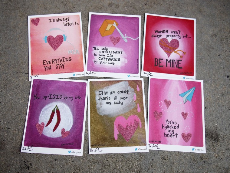 A sampling of Taz Ahmed's "MuslimVDay" cards. The activist and artist is now in her fourth year of making the politically-charged anti-Islamophobia cards.